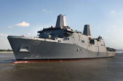 USS Somerset (LPD 25) is launched from the Avondale Shipyard in 2012. The vessel later became final Navy ship to depart from the shipyard, in February 2014. (U.S. Navy photo courtesy of Huntington Ingalls Industries)