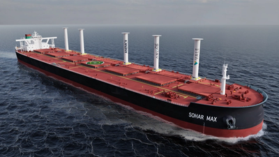 Vale is to install five Rotor Sails from Anemoi onboard the VLOC Sohar Max to bring significant fuel and emission savings. The Rotor Sails will be installed with Anemoi's bespoke folding deployment system to mitigate the impact on air draught and cargo handling operations. Credit: Anemoi Marine Technologies 