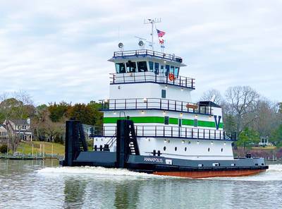 Vane Brothers’ new, 3,000-horespower push tug, the Annapolis, moves along Maryland’s Wicomico River. (Photo: Vane Brothers)