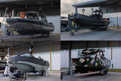 Vendors presented and showcased four small craft on the water for Marine Forces Reserve, the Defense Innovation Unit and Marine Corps Warfighting Laboratory at a small-boat evaluation and demonstration event on Nov. 2, 2022, at the 4th Assault Amphibian Battalion headquarters in Tampa, Fla. (U.S. Marine Corps photo by Photo By Cpl. James Stanfield, illustration by Cpl. Trystan Taft) 