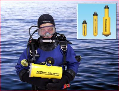 Diver with Interrogator, Inset Transponders: Image credit JW Fishers