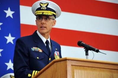 Vice Adm. Peter Neffenger speaks during the vice commandant change of watch ceremony at Coast Guard Headquarters in Washington, D.C., Tuesday, May 20, 2014. Neffenger became the 29th vice commandant of the Coast Guard during the event. (U.S. Coast Guard photo Petty Officer 2nd Class Patrick Kelley)