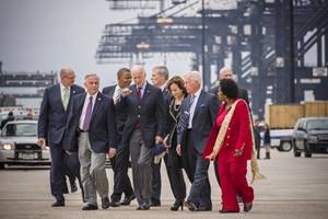 Vice President Joe Biden and Secretary of Transportation Anthony Foxx meet with Congressional member Gene Green, Port of Houston Authority Executive Director Len Waterworth, Port Commission Chairman Janiece Longoria, Port Commissioner Clyde Fitzgerald, and Congressional member Sheila Jackson Lee.
