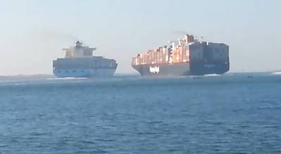 Video screenshot via PoliceInPortsaid of Colombo Express (right) about to collide with Maersk Tanjong in the Suez Canal