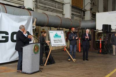Vigor Industrial and Washington State Ferries launched WSF’s new hybrid-electric ferries program in a ceremony held at Vigor’s Seattle, Washington shipyard held September 9. (Photo: Vigor Industrial LLC)
