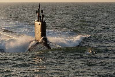 The Virginia-class attack submarine Pre-Commissioning Unit (PCU) Minnesota (SSN 783) is shown during sea trials.  (U.S. Navy photo courtesy of Huntington Ingalls Industries/Released)