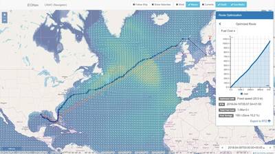 VoyOpt display showing optimized route from US to Germany (Image: VoyOpt)