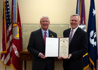 Washington D.C. (Feb. 28, 2013) Secretary of the Navy (SECNAV) Ray Mabus presents the Department of the Navy's highest award for civilians, the Navy Distinguished Public Service Medal, to U.S. Senator Roger Wicker.