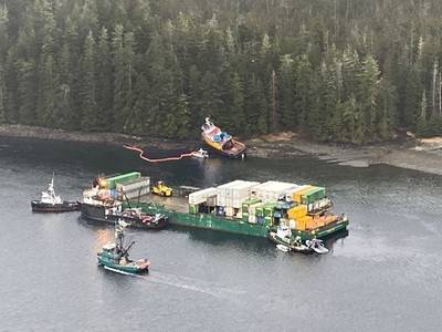 Western Mariner, an 83-foot inspected tug, ran aground in Neva Strait March, 21, 2022, while towing Chichagof Provider, a 286-foot containerized barge. (Photo: Brian Wereda / U.S. Coast Guard)