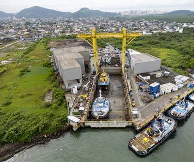 Wilson Sons shipyard in Guarujá, São Paulo, conducts simultaneous tugboat docking operations. Image courtesy Wilson Sons