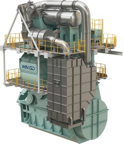 WinGD’s latest generation of X72DF-2.1 engines with the new on-engine iCER. Image courtesy WinGD
