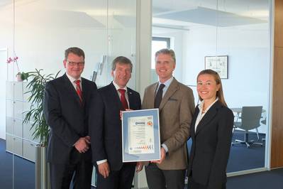 Wolfgang Engel, SGS Lead Auditor (2nd left) in Röhlig's Bremen headquarters presenting the certificate to (from left) Marc Guse, Hans-Ludger Körner and Angela Dooms.