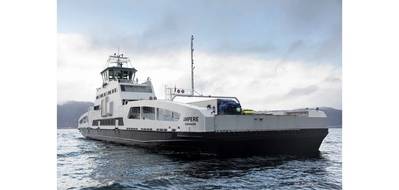 The world`s first all-electric ferry MF Ampere. Image courtesy of Corvus Energy