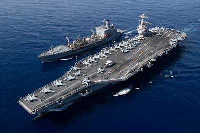 The world's largest aircraft carrier USS Gerald R. Ford (CVN) 78 and the USNS Laramie (T-AO-203) conduct a refueling-at-sea in the Eastern Mediterranean Sea, Oct. 11, 2023. (Photo: Jackson Adkins  / U.S. Navy)