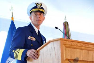 Adm. Paul Zukunft speaks during a change of command ceremony at Coast Guard Headquarters in Washington May 30, 2014. Zukunft relieved Adm. Bob Papp to become the 25th commandant of the Coast Guard. (U.S. Coast Guard photo by Petty Officer 2nd Class Patrick 