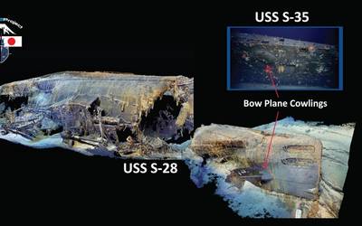4D Modeling of USS S-28 and insert of S-35 showing differences in bow plane cowlings (Credit: Lost 52 Project)