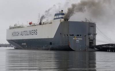 A fire broke out on board the 600-foot vehicle carrier Hoegh Xiamen, at Blount Island in Jacksonville, Fla. (U.S. Coast Guard photo by Jessica Maldonado Gonzalez)