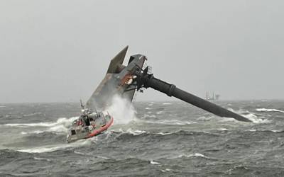 A U.S. Coast Guard Response Boat-Medium boat crew heads toward the capsized lift boat Seacor Power about 8 miles off Port Fourchon, La. on April 13, 2021. (U.S. Coast Guard photo courtesy of Coast Guard Cutter Glenn Harris)