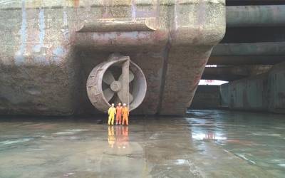 A vessel placed in dry-dock in preparation for recycling. Photo credit: Grieg Green.
