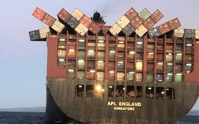 Singapore-flagged APL England dropped dozens of containers off the coast of Australia. Several stacks can be see toppled over on deck.(Photo: AMSA)