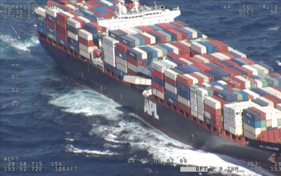 At least nine containers are reported to be protruding from APL England after the ship lost at least 40 containers overboard off the coast of Australia. (Photo: AMSA)