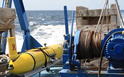 Fig.1: A Slocum glider from Teledyne Webb Research, en route to deployment. Credit: Rutgers University.