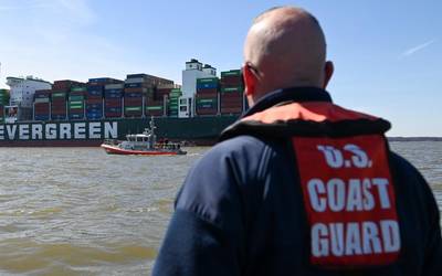 File photo: A Coast Guard response crew monitors the 1,095-foot motor vessel Ever Forward, which became grounded in the Chesapeake Bay, March 13, 2022. (Photo: Kimberly Reaves / U.S. Coast Guard)