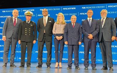 From left to right: Roberto Olivari, Monfalcone Shipyard Director; Captain Heikki Laakkonen; Arnold Donald, President and CEO of Carnival Corporation; Jan Swartz, Group President of Princess Cruises and Carnival Australia; Giuseppe Bono, CEO of Fincantieri; Gianluca Castaldi, Undersecretary of State to the Presidency of the Council of Ministers; Micky Arison, Chairman of Carnival Corporation; Stein Kruse, Group CEO of Princess Cruises, Holland America Line, Seabourn, Carnival Australia and UK. P