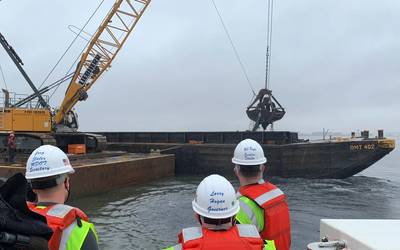 Left to right: MD Secretary of Transportation Gregory Slater, MD Governor Larry Hogan, and MPA-Port of Baltimore Executive Director William Doyle observe dredging operations at Seagirt Marine Terminal for a new 50-ft. berth in March 2021. (Photo: Maryland Port Administration)