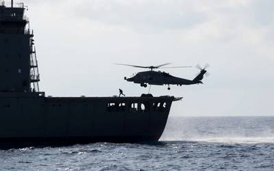 SOUTH CHINA SEA (May 7, 2019) An MH-60R Sea Hawk helicopter assigned to the "Easyriders" of Helicopter Maritime Strike Squadron (HSM) 37, Detachment 1, picks up pallets from the Military Sealift Command fleet replenishment oiler USNS Guadalupe (T-AO 200) during a replenishment-at-sea with the Arleigh Burke-class guided-missile destroyer USS Preble (DDG 88). Preble is deployed to the U.S 7th Fleet area of operations in support of security and stability in the Indo-Pacific region. (U.S. Navy photo