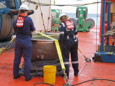 Инженеры береговой охраны по морской безопасности проводят обследование кормовой титановой крышки Титана в северной части Атлантического океана 1 октября 2023 года. (Фото: Национальный совет по безопасности на транспорте США)
