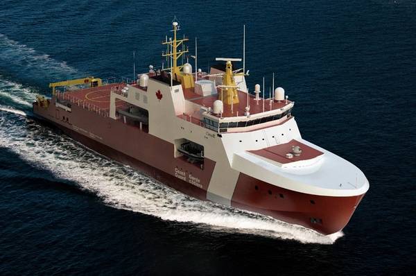 Рендеринг художника показывает потенциальный дизайн двух арктических и морских патрульных кораблей канадской береговой охраны, которые будут построены на верфи Галифакс.