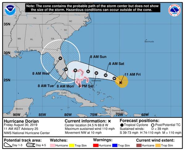 Ситуация с штормовым конусом Национального центра по ураганам NOAA в 11:00 по местному времени 30 августа 2019 года.