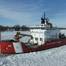 The Coast Guard Cutter Mackinaw, a 240-foot heavy icebreaker, breaks ice near Marine City, Mich., along the St. Clair River (Photo: Daniel R. Michelson / U.S. Coast Guard)