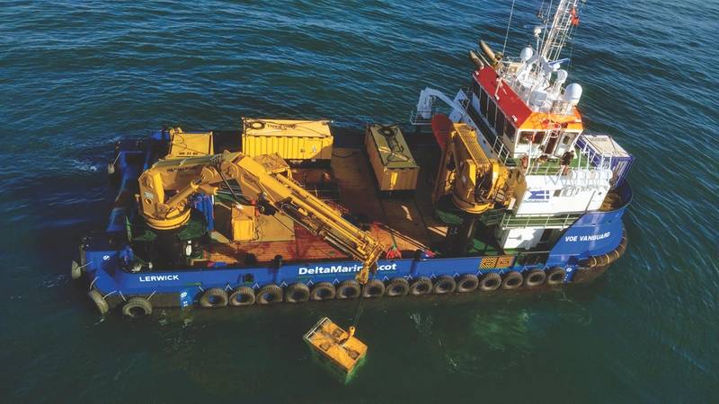 The custom-designed renewable service vessel Voe Vanguard is capable of servicing not only wind farms but also a wide range of other activities with its HS.MARINE-supplied combined knuckle and telescopic boom cranes. (Photo supplied by HS.MARINE/Damen Shipyard)