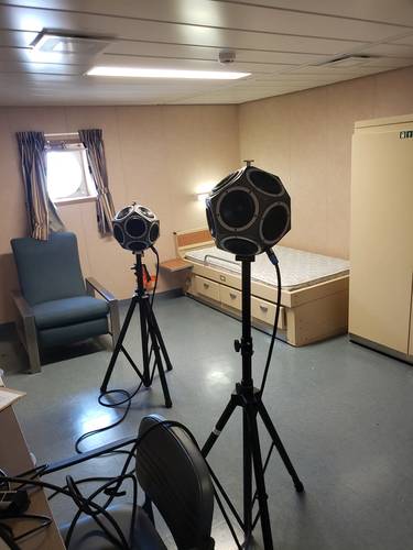 Onboard partition testing with omnidirectional sound sources. Photo: Noise Control Engineering
