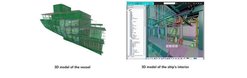 3D model of the vessel (left) and 3D model of the ship's interior. Image courtesy NYK
