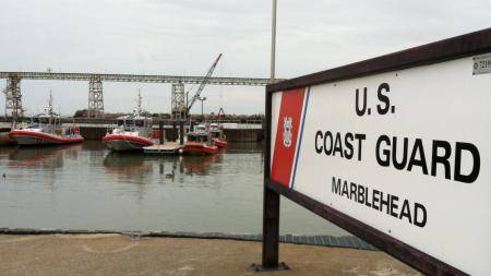 A new 45-foot response boat (far left) is moored at Coast Guard Station Marblehead, Ohio. (U.S. Coast Guard photo by Phillip Null)