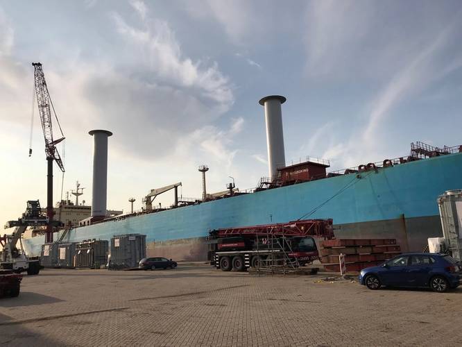 Two 30- x 5-meter Norsepower Rotor Sails installed on board the Maersk Pelican 