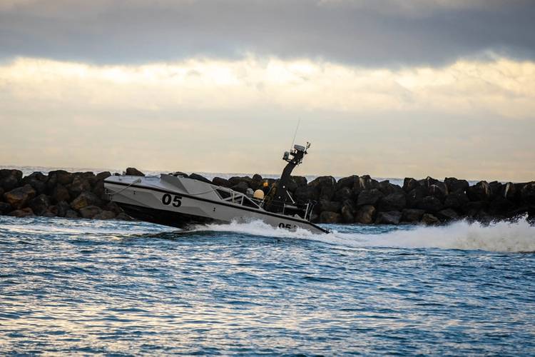 A long-range unmanned surface vessel (LRUSV) transits the Pacific Ocean during Integrated Battle Problem (IBP) 24.1, March 07, 2024. IBP 24.1 is a U.S. Pacific Fleet experiment, executed by U.S. 3rd Fleet, operationalizing multi-domain employment of unmanned systems to create fleet warfighting advantages. (Photo: Ian Delossantos / U.S. Navy)
