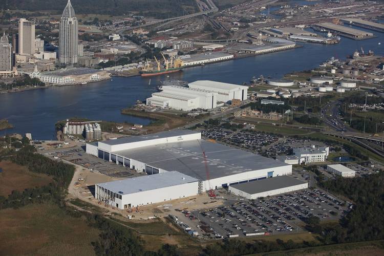 A recent aerial image of most of Austal USA, including the new steel panel line addition. Photo courtesy Austal USA