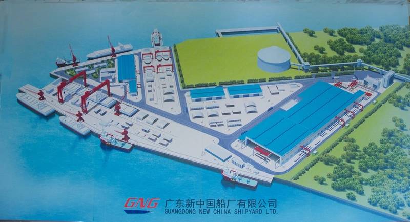 A schematic view of the Guangdong Bonny Fair Heavy Industry Ltd. Shipyard (formerly Guangdong New China Shipyard Ltd.) The two assembly lines with the floating drydock are top center.