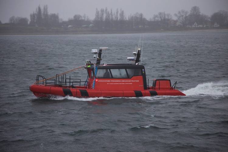 A TUCO Marine support vessel taking part in tracking systems testing in Faaborg, Denmark in December 2019. (Photo: DTU)
