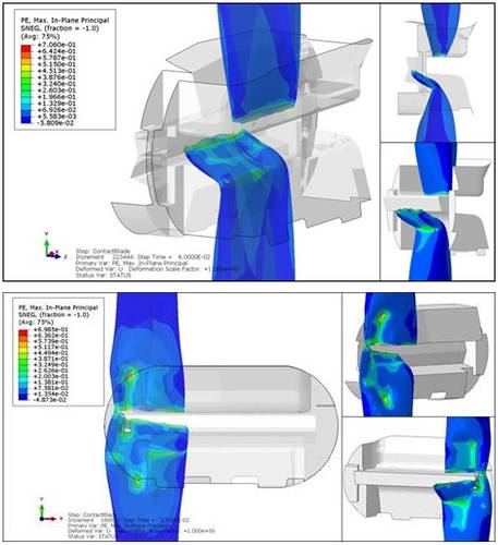 Abaqus FEA models showing the interaction between the drill pipe and the blind shear ram (BSR). Top image shows the complete shearing of the pipe when properly centered. Bottom image shows what happened when the blade did not fully engage the pipe because the pipe was not centered in the wellbore. The lateral forces due to buckling below the BSR pushed the pipe off center and caused the closing rams to deform the pipe rather than shearing it.