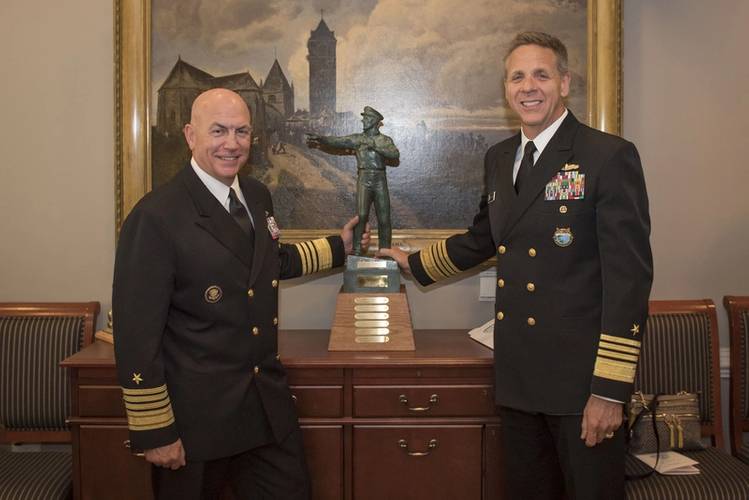 Adm. Phil Davidson, commander of U.S. Indo-Pacific Command, right, and Adm. Kurt W. Tidd, commander of U.S. Southern Command, pose with the Old Salt Award during a ceremony at the Pentagon. Davidson received the Old Salt award which is sponsored by the Surface Navy Association (SNA) and is given to the longest serving active-duty officer who is surface warfare officer (SWO) qualified. (U.S. Navy photo by Mass Communication Specialist 2nd Class Paul L. Archer/Released)