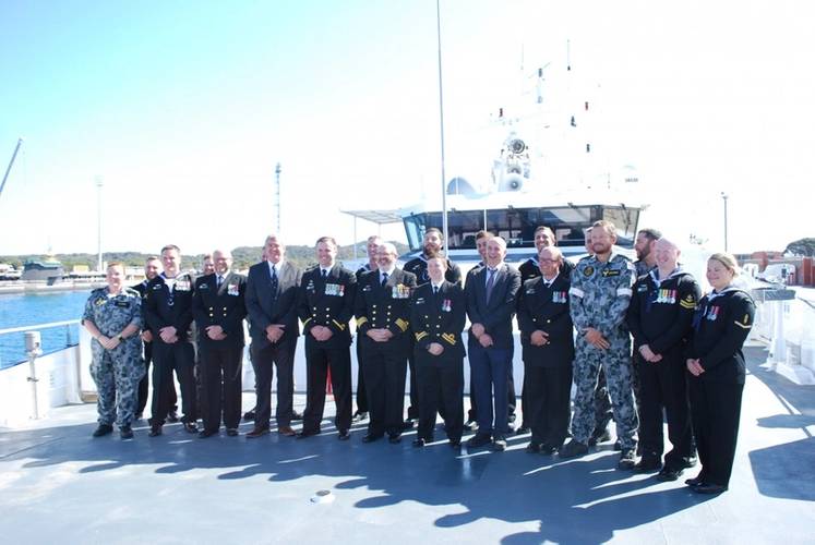 ADV Cape Fourcroy crew and Austal representatives pose for a photo onboard the vessel at the official naming ceremony (Photo: Austal)