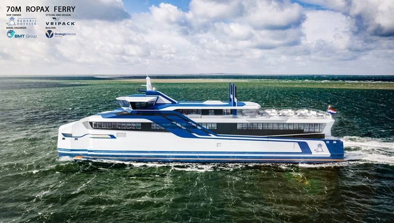 Two new aluminum catamarans are to operate ferry services by Doeksen for as many as 66 vehicles and 599 passengers from 2018 between the Dutch mainland and the islands of Terschelling and Vlieland. (Photo: Rolls-Royce)