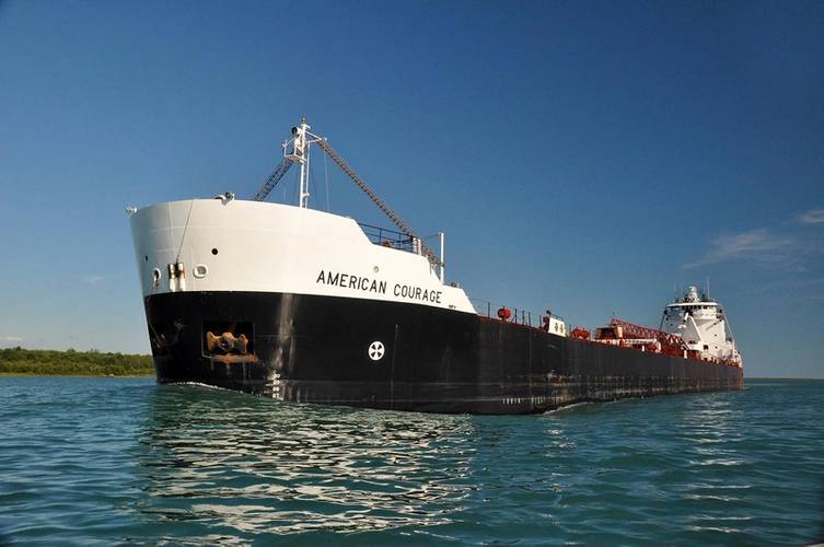 MV American Courage, a 194 metres Great Lakes self-unloading bulk freighter with a cargo carrying capacity of 24,300 gross tonnage, is the largest ship ever capable of performing automated docking and dock-to-dock sailing operations. © ASC-Rand Holdings LLC
