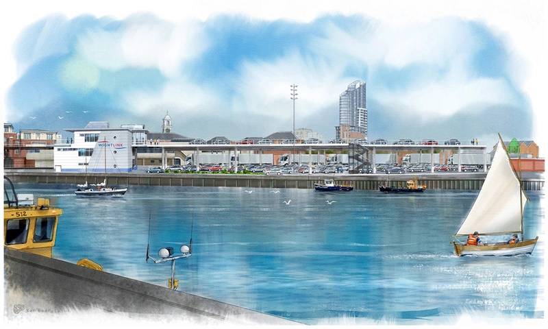 Artist’s impression from Wightlink of new £45m ferry terminal project at Gunwharf in Portsmouth. Includes a new two-storey car marshalling deck and a new customer experience building. (Photo: REIDsteel )