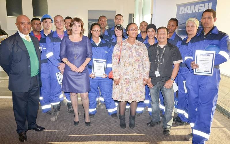 Certificate Ceremony - Training Center Apprentices that received their certificates and Sam Montsi, Minister Ploumen and Sefale Montsi-Zuma and Dedrick Ross
